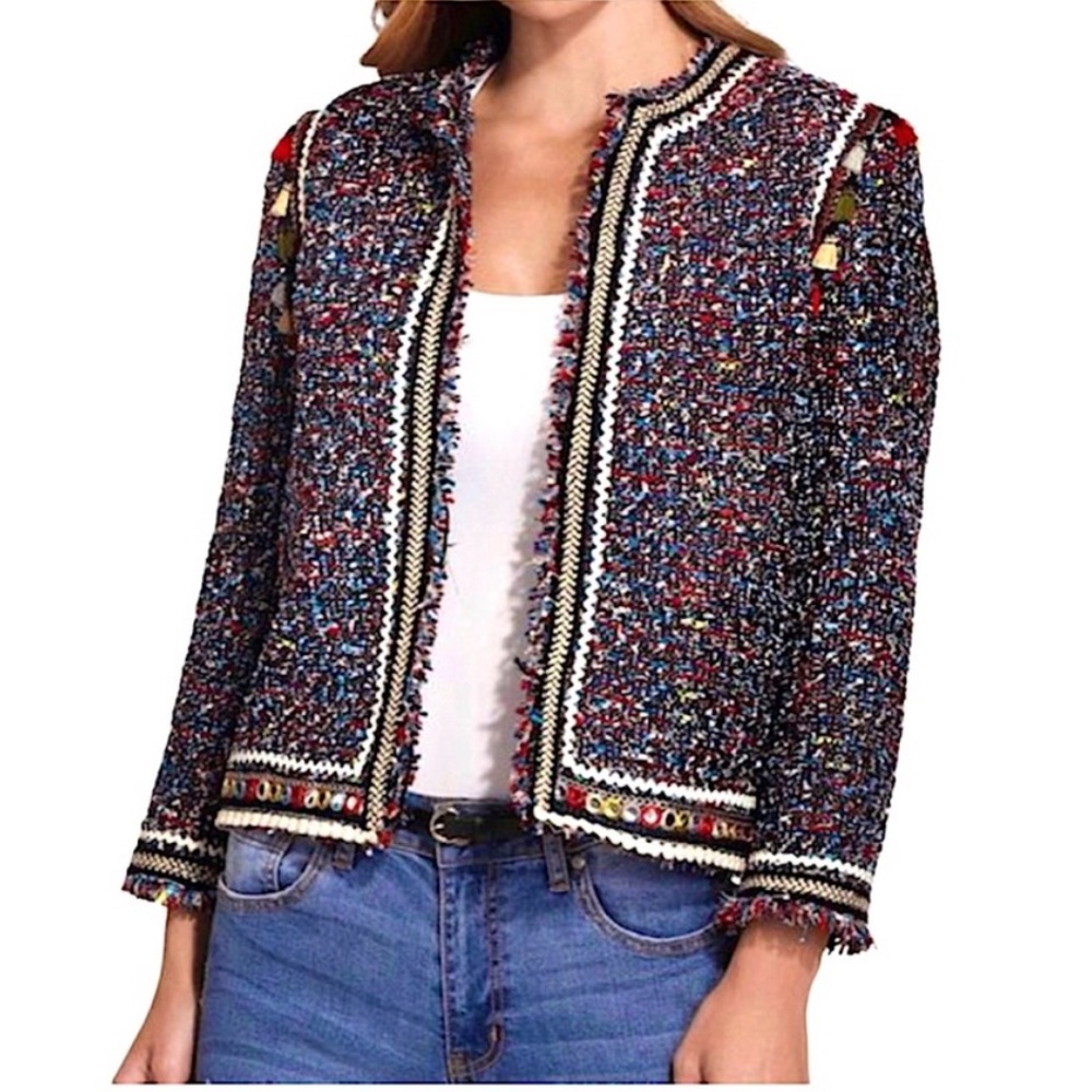 Zara Fancy Tweed Cropped Blazer Jacket Ethnic Embroidery Multicolour Tassels S